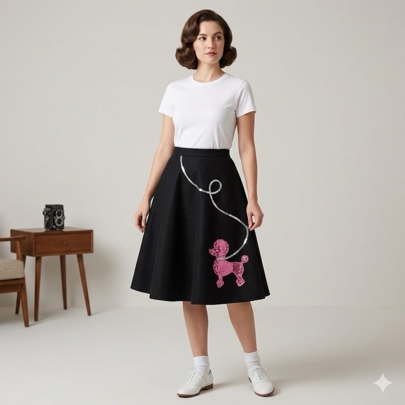 Hip Hop 50s Shop Dresses & Skirts - 50s Black Felt Poodle Skirt Costume Women Pink Sequin Dog Applique Rockability